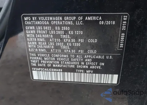 2018 Volkswagen Atlas 2.0T S from USA, damaged, VIN 1V2AP2CA0JC598489